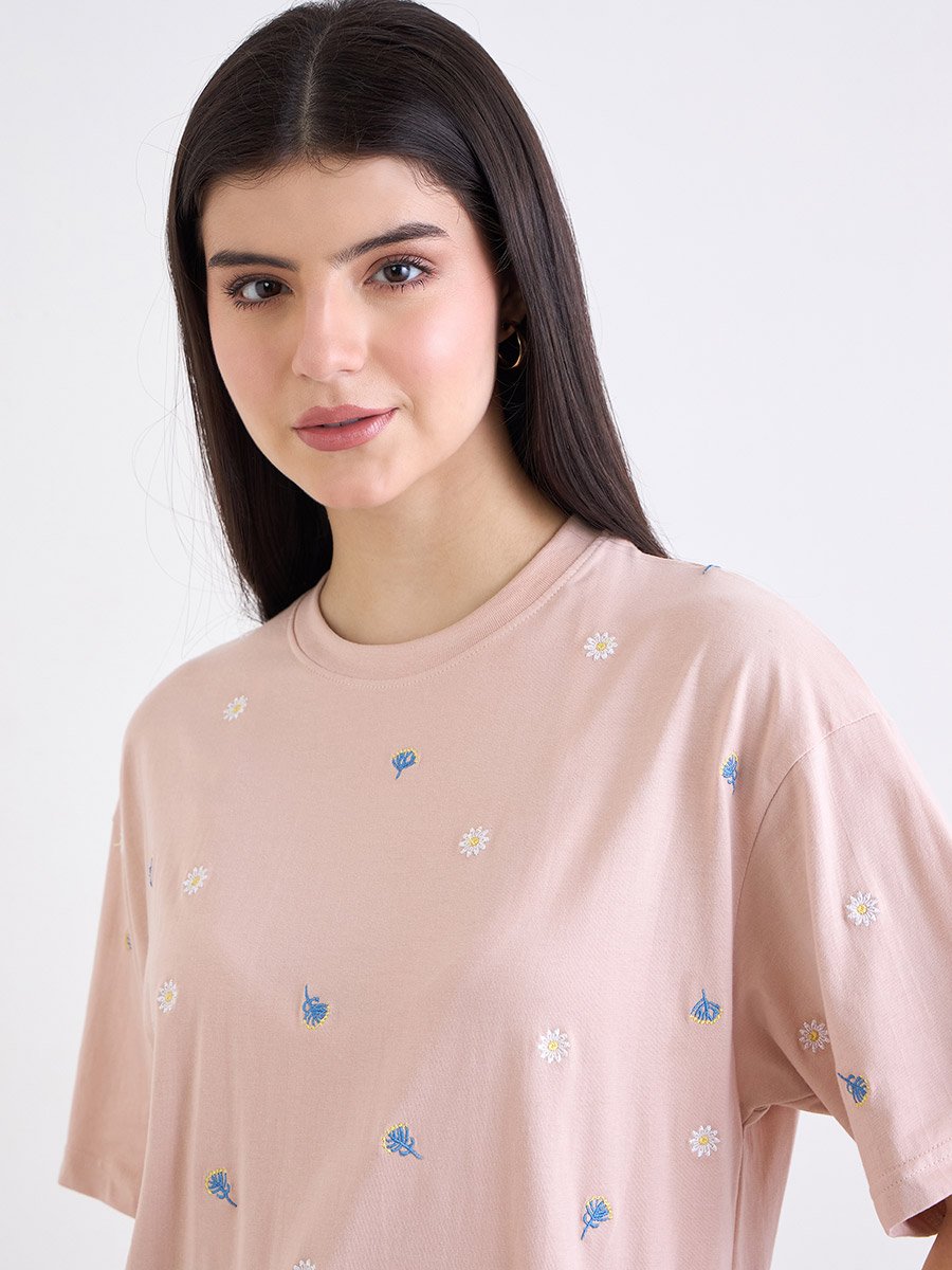 Light Pink Embroidered Oversized 100% Cotton T-Shirt