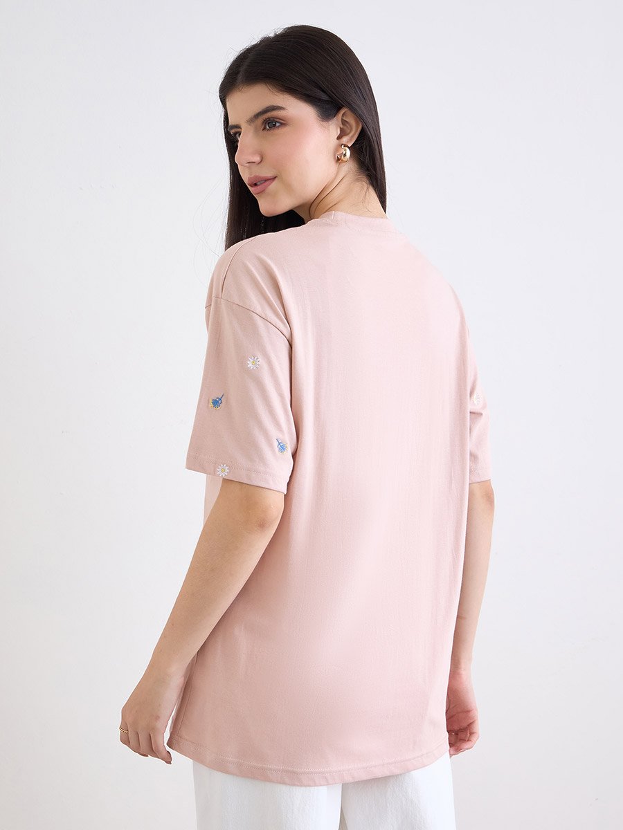 Light Pink Embroidered Oversized 100% Cotton T-Shirt