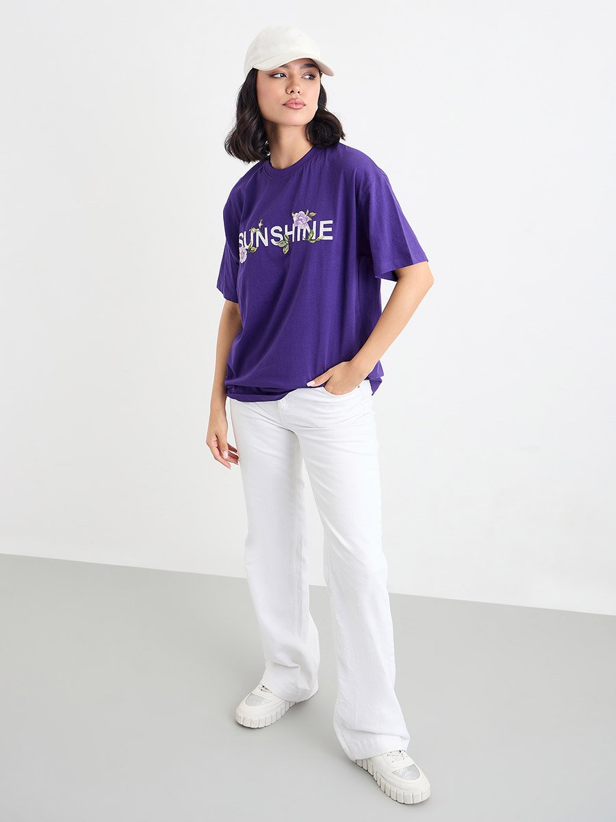 Embroidered Slogan Oversized 100% Cotton T-Shirt