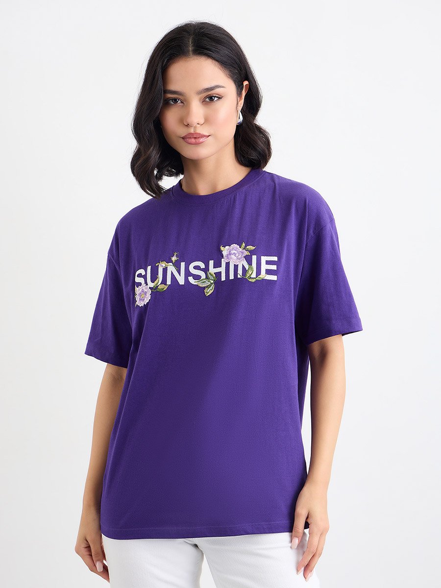Embroidered Slogan Oversized 100% Cotton T-Shirt