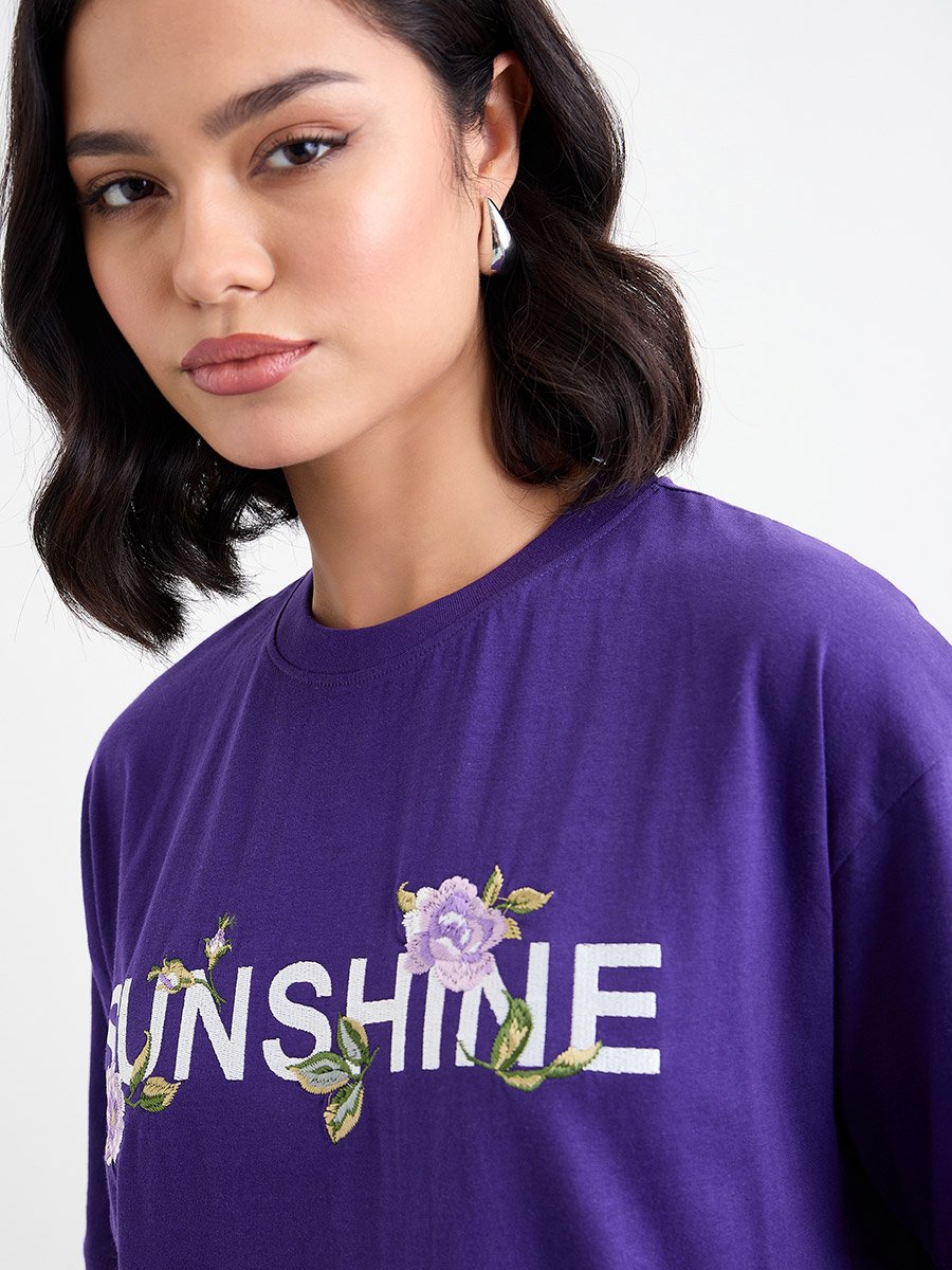 Embroidered Slogan Oversized 100% Cotton T-Shirt