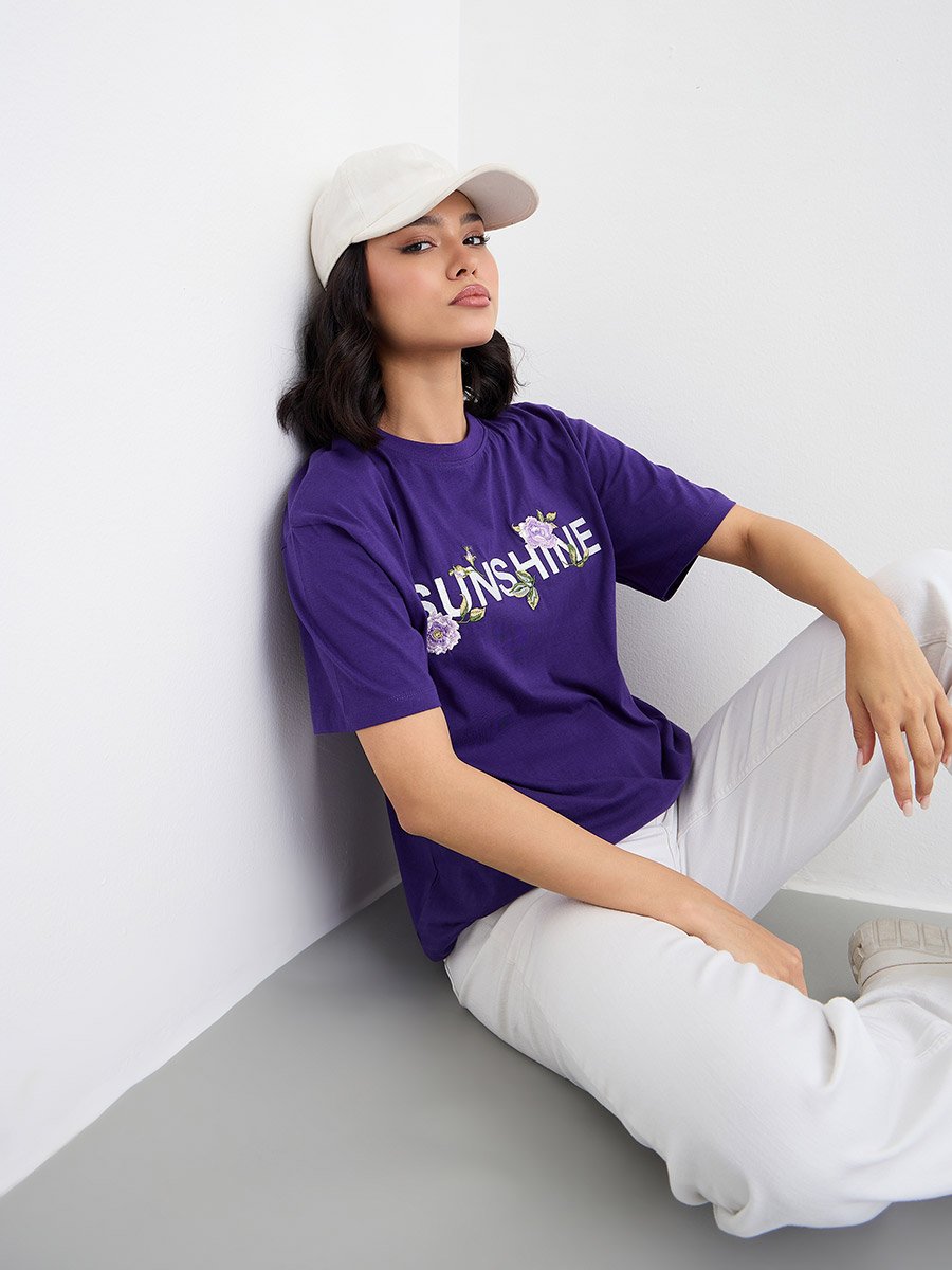 Embroidered Slogan Oversized 100% Cotton T-Shirt