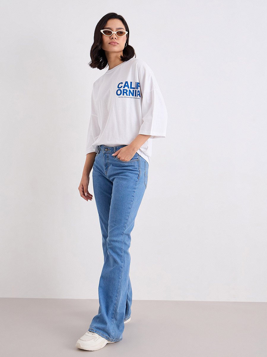 Slogan Print Round Neck Oversized 100% Cotton T-Shirt