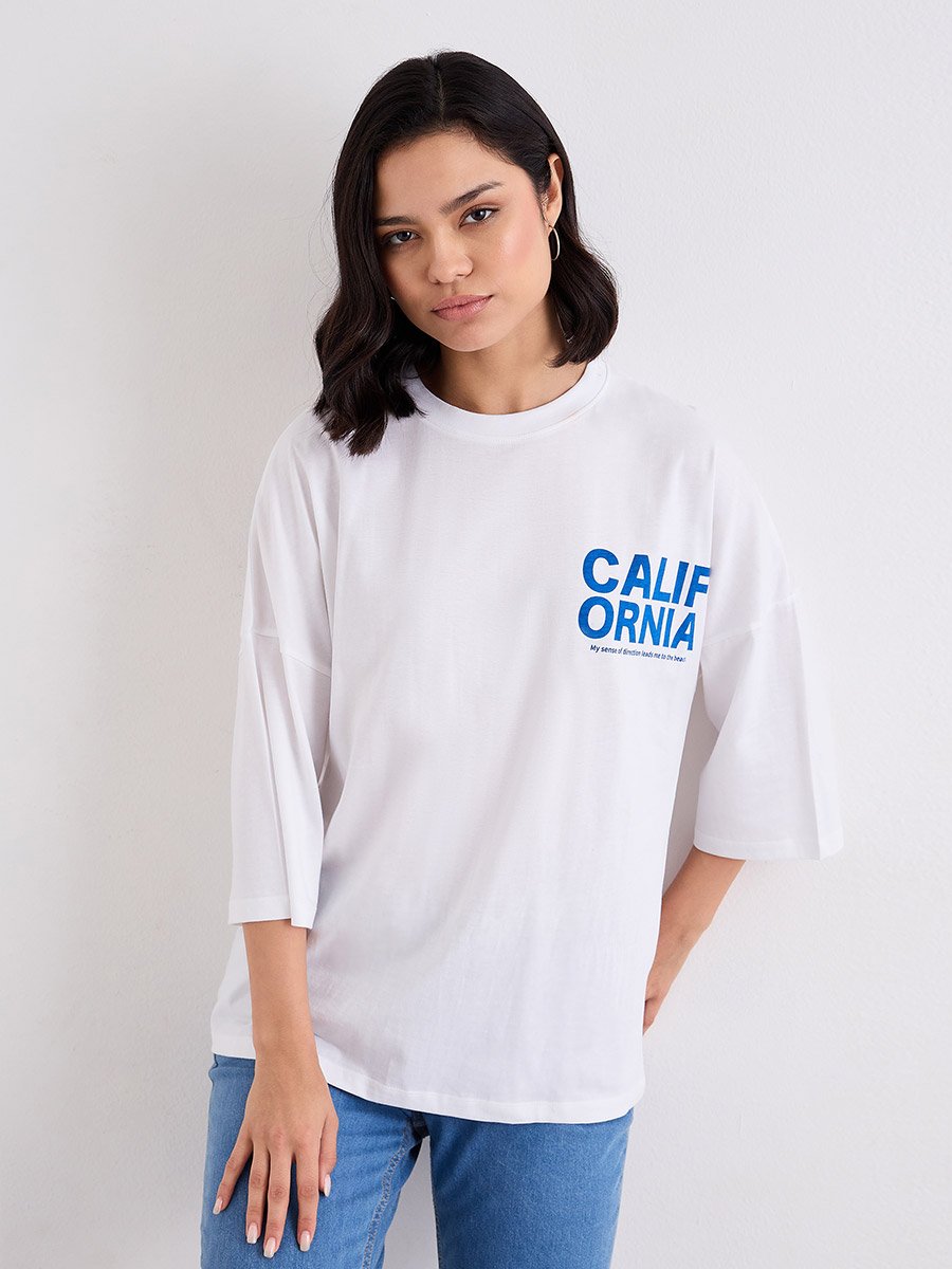 Slogan Print Round Neck Oversized 100% Cotton T-Shirt