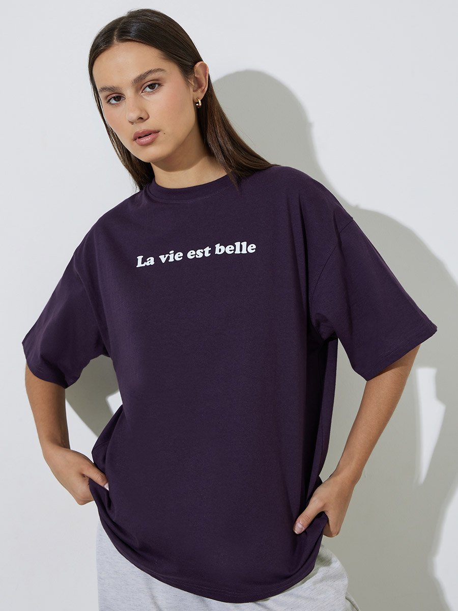 Purple Oversized Longline 100% Cotton Slogan T-Shirt