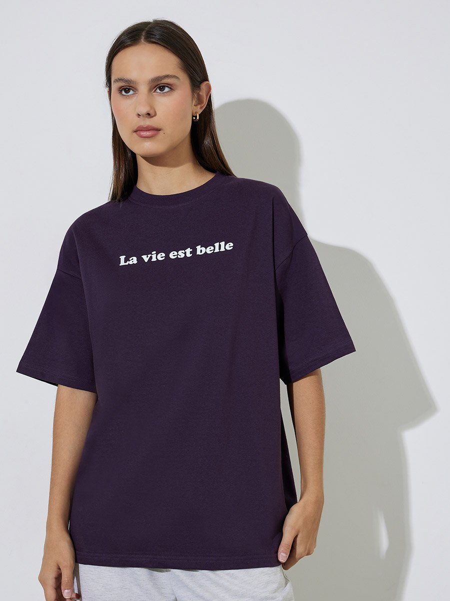 Purple Oversized Longline 100% Cotton Slogan T-Shirt