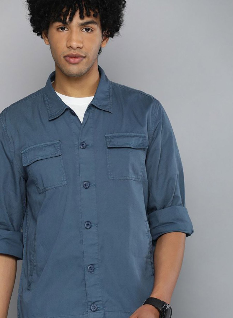 Men Blue Boxy Fit Casual Shirt with Flap Pocket
