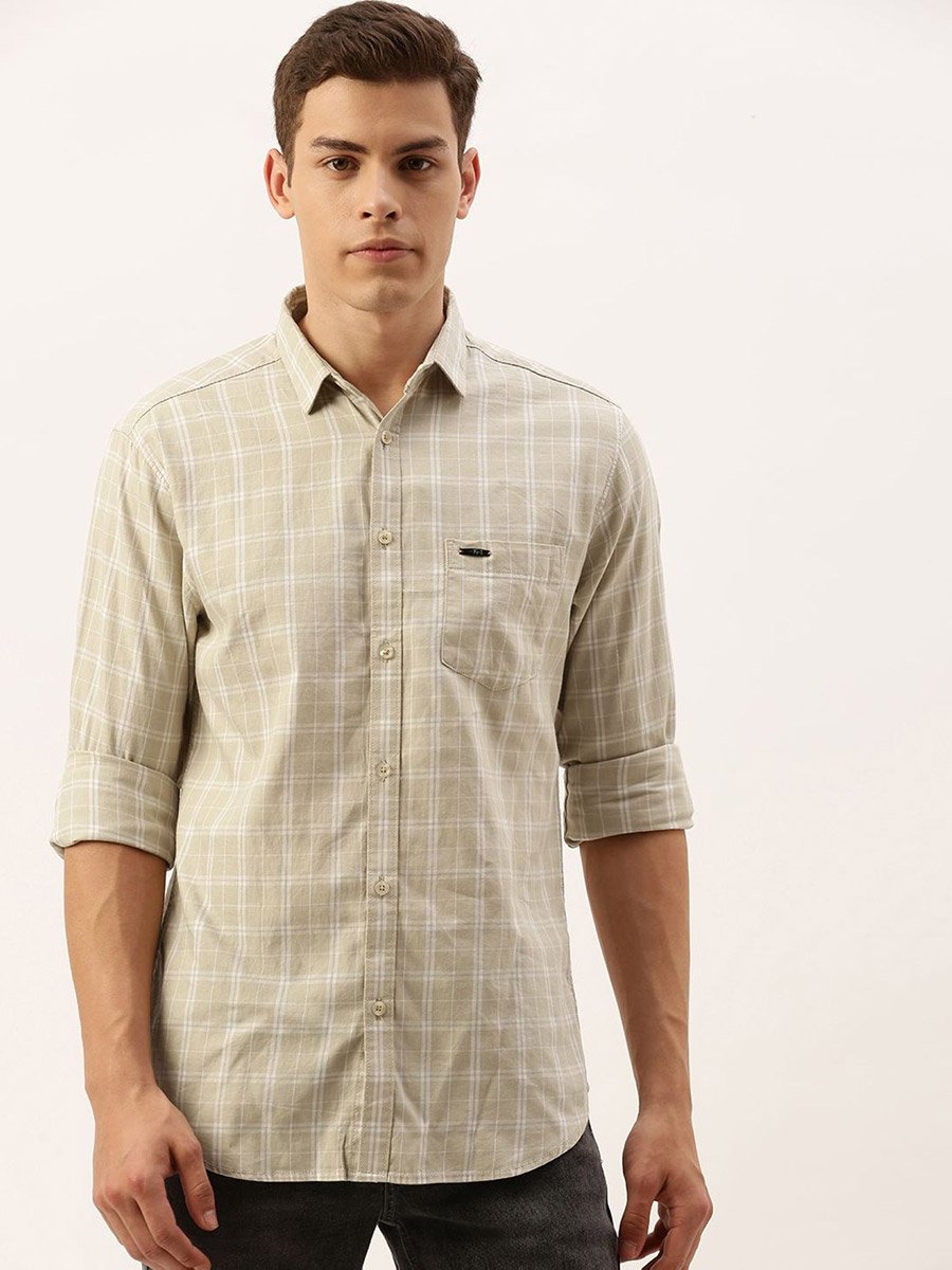Men Beige Slim Fit Checked Casual Shirt