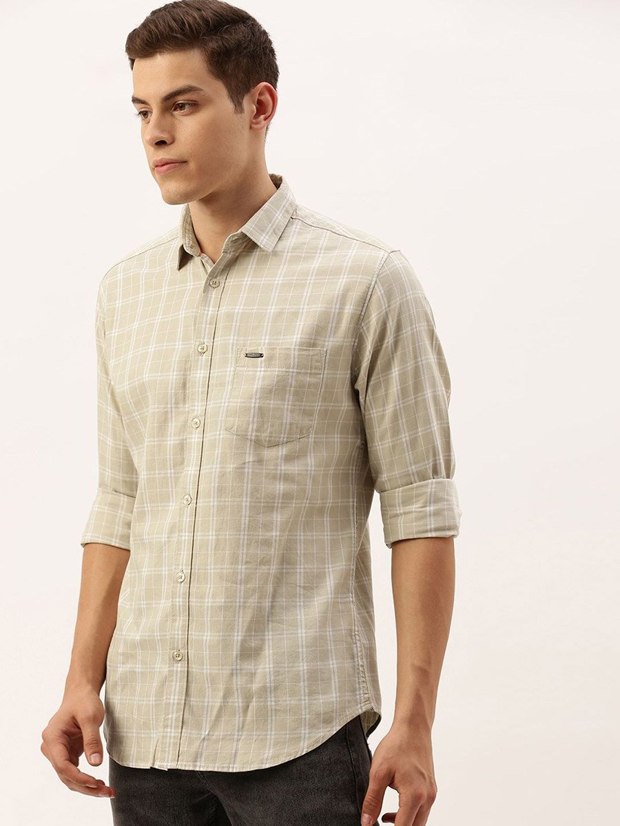 Men Beige Slim Fit Checked Casual Shirt