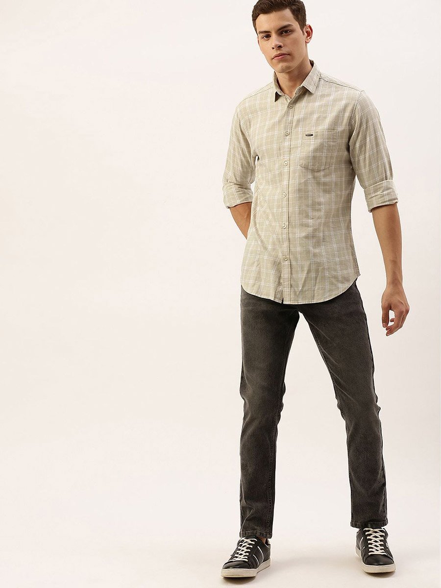 Men Beige Slim Fit Checked Casual Shirt