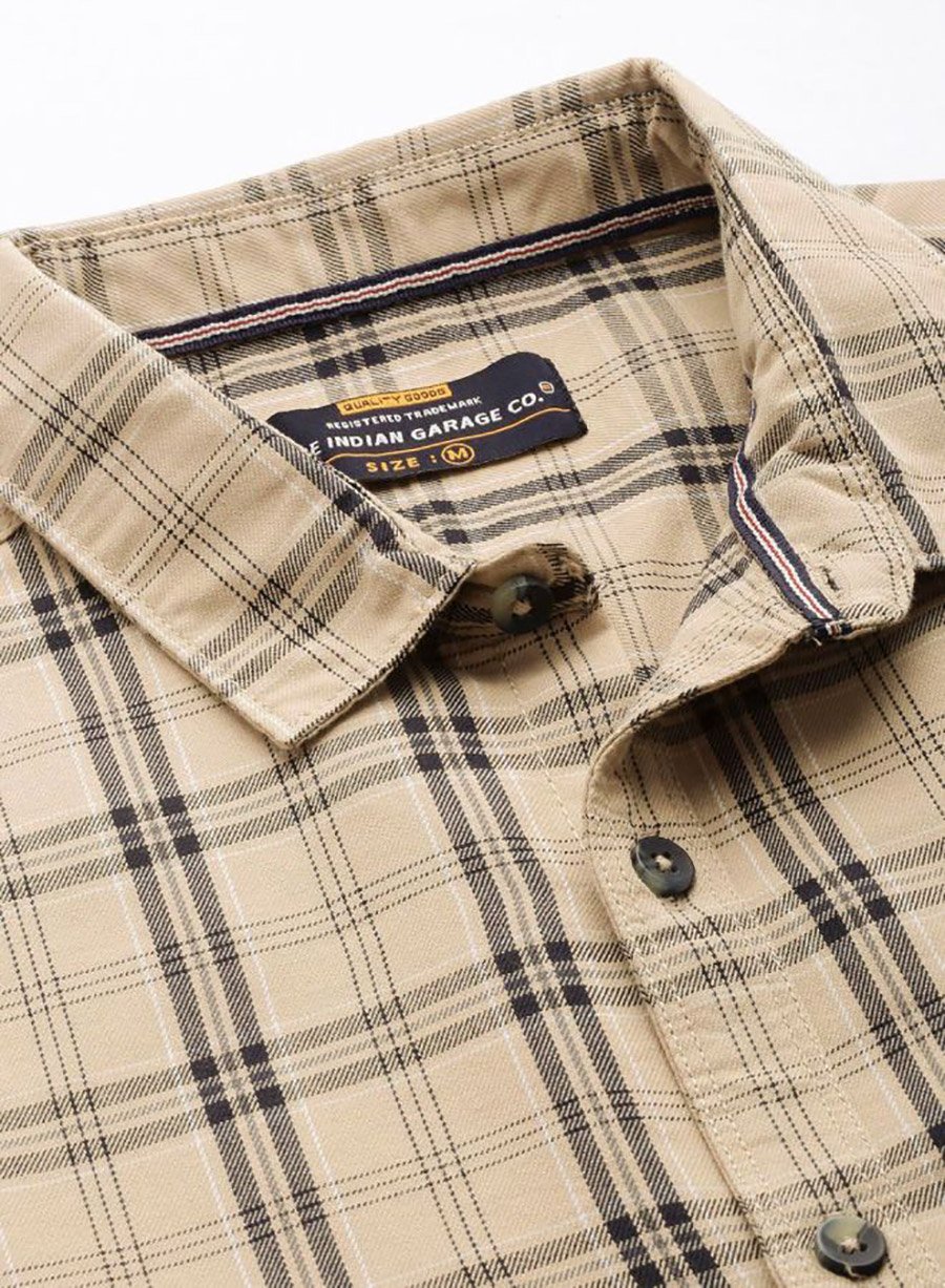 Men Beige Slim Fit Checked Casual Shirt