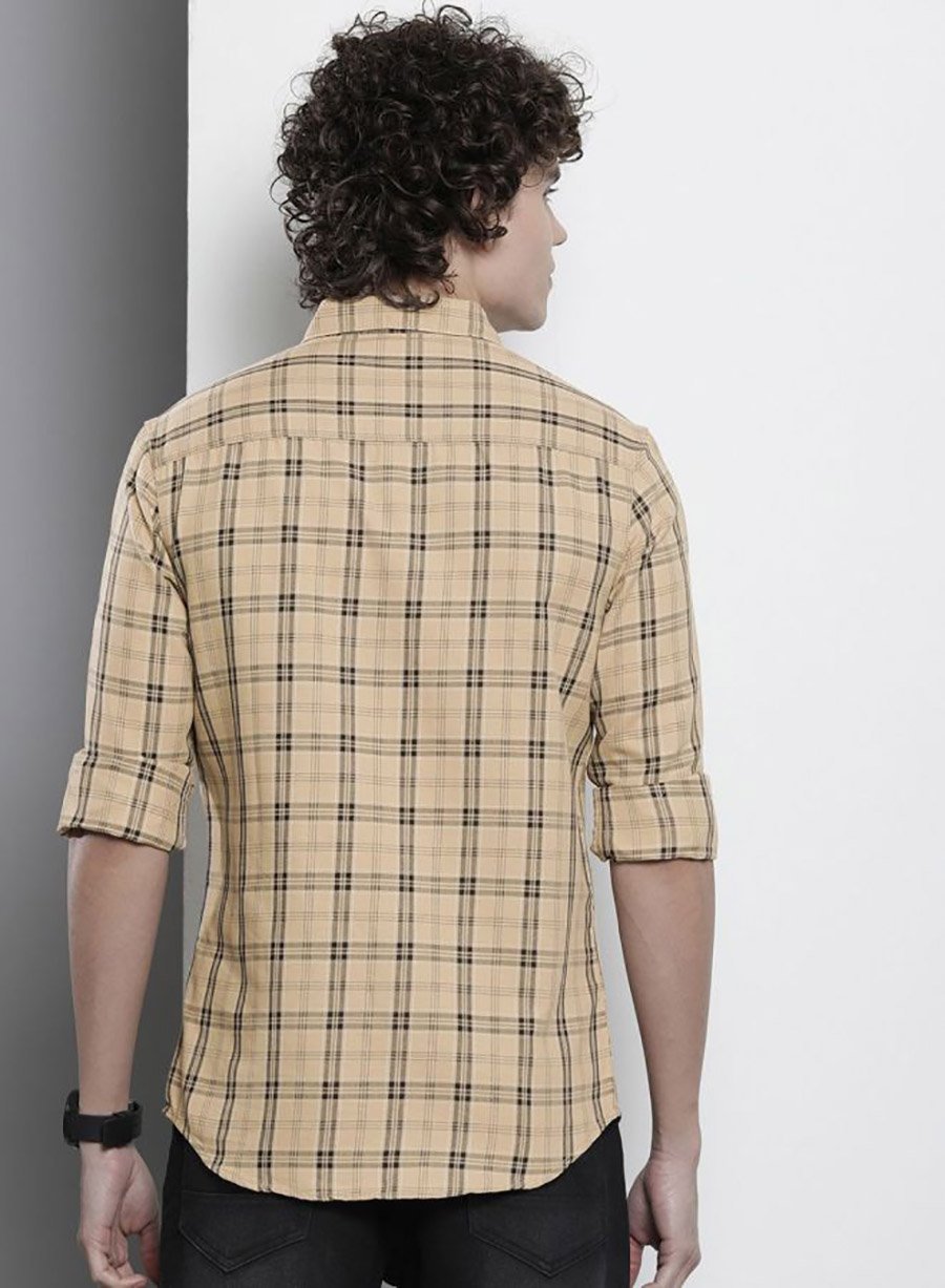 Men Beige Slim Fit Checked Casual Shirt