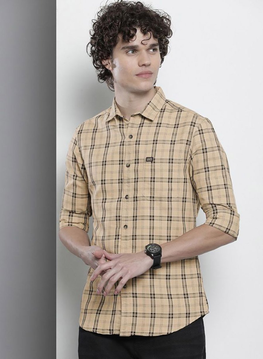 Men Beige Slim Fit Checked Casual Shirt