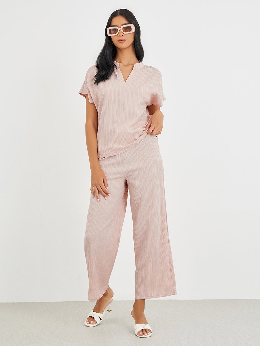 Solid Extended Sleeves Top and Wide Leg Pants Co-Ords