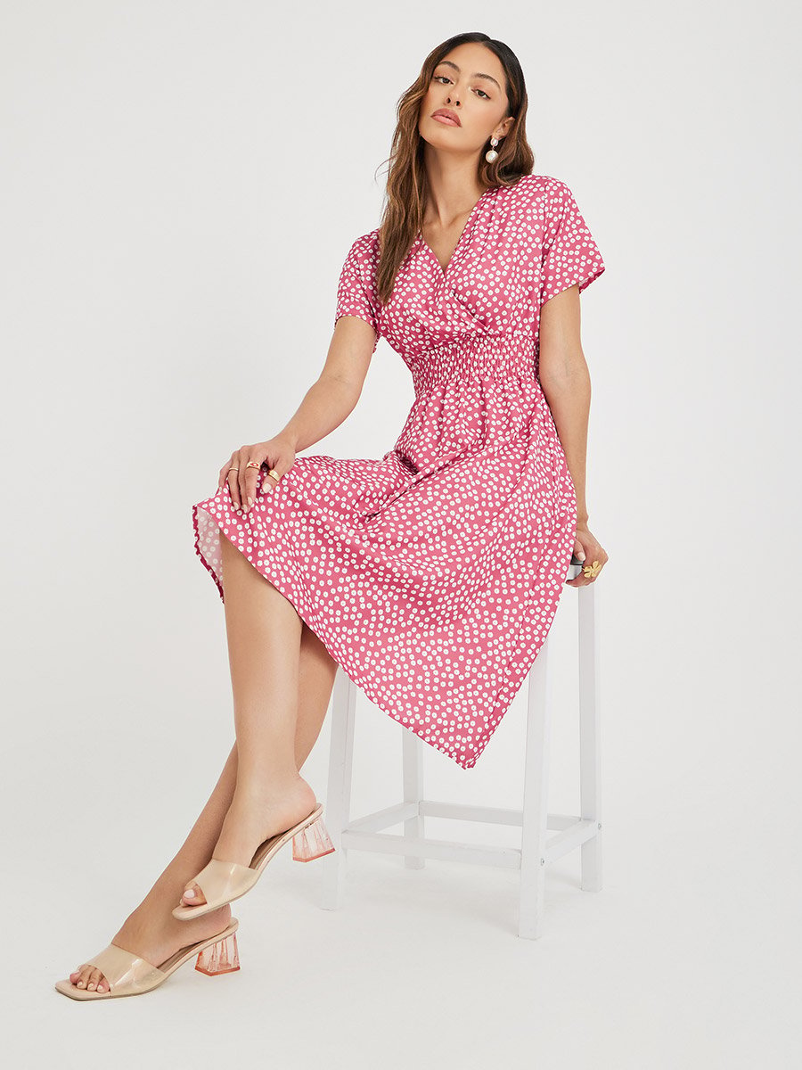 Women Pink Ditsy Floral Print V Neck A-Line Knee Length Dress For Women at Kuwait | Styli Women Pink Ditsy Floral Print V Neck A-Line Knee Length Dress For Women at Kuwait | Styli
