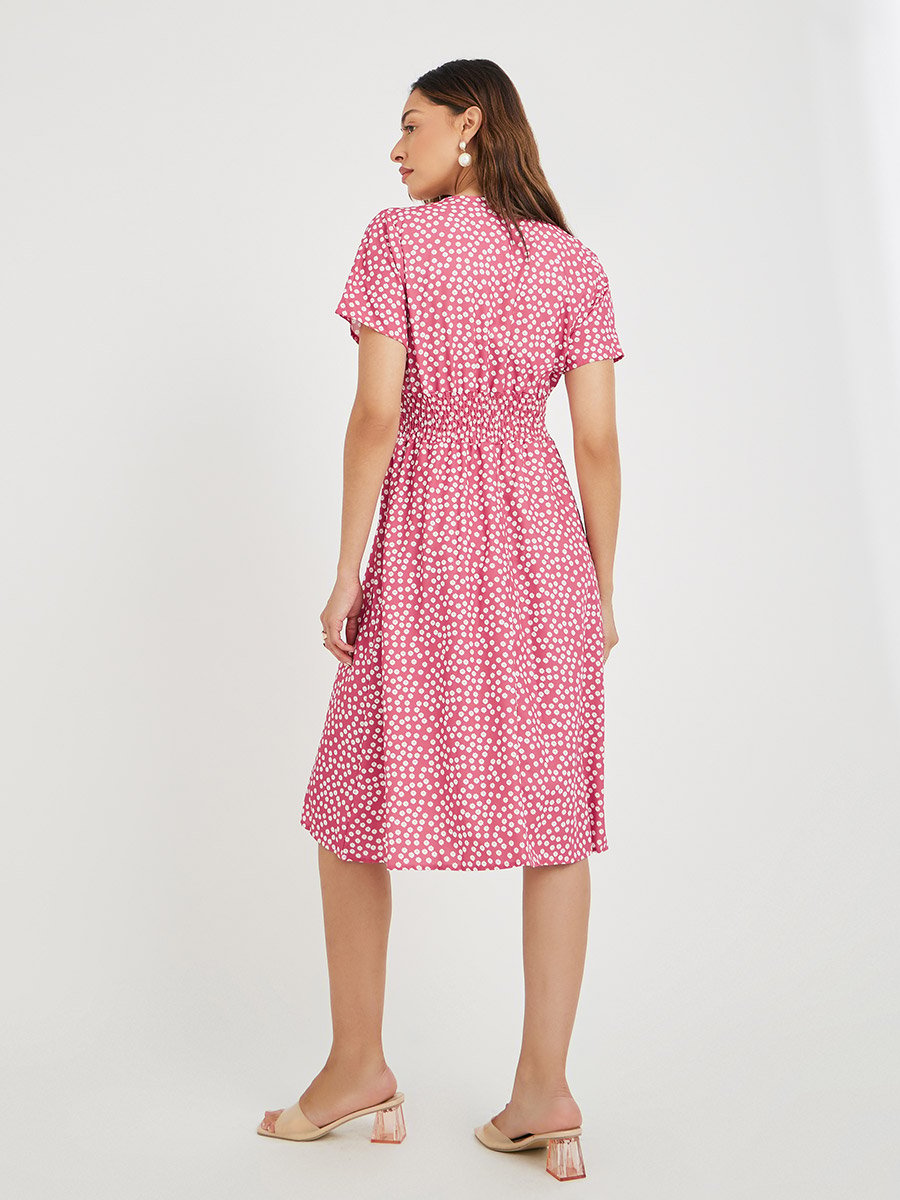 Women Pink Ditsy Floral Print V Neck A-Line Knee Length Dress For Women at  Kuwait | Styli