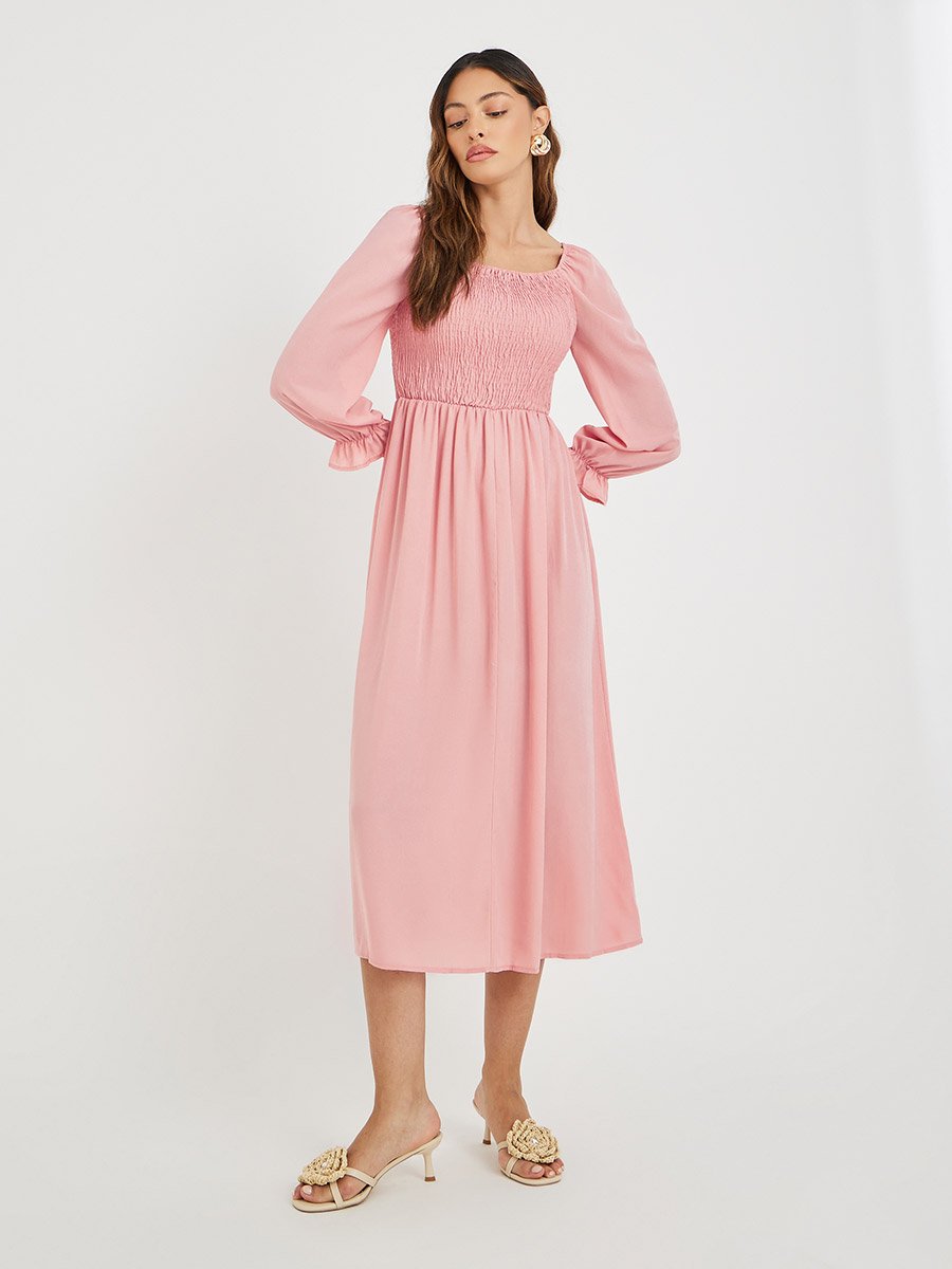 Women Pink Solid Square Neck Smocked A-Line Midi Dress For Women at UAE |  Styli