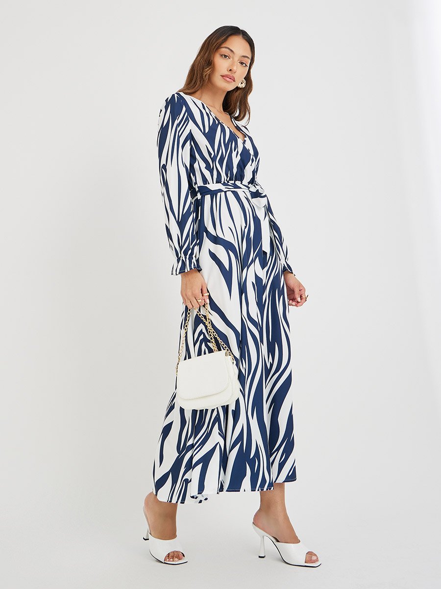 Women Abstract Printed V Neck Belted A-Line Maxi Dress