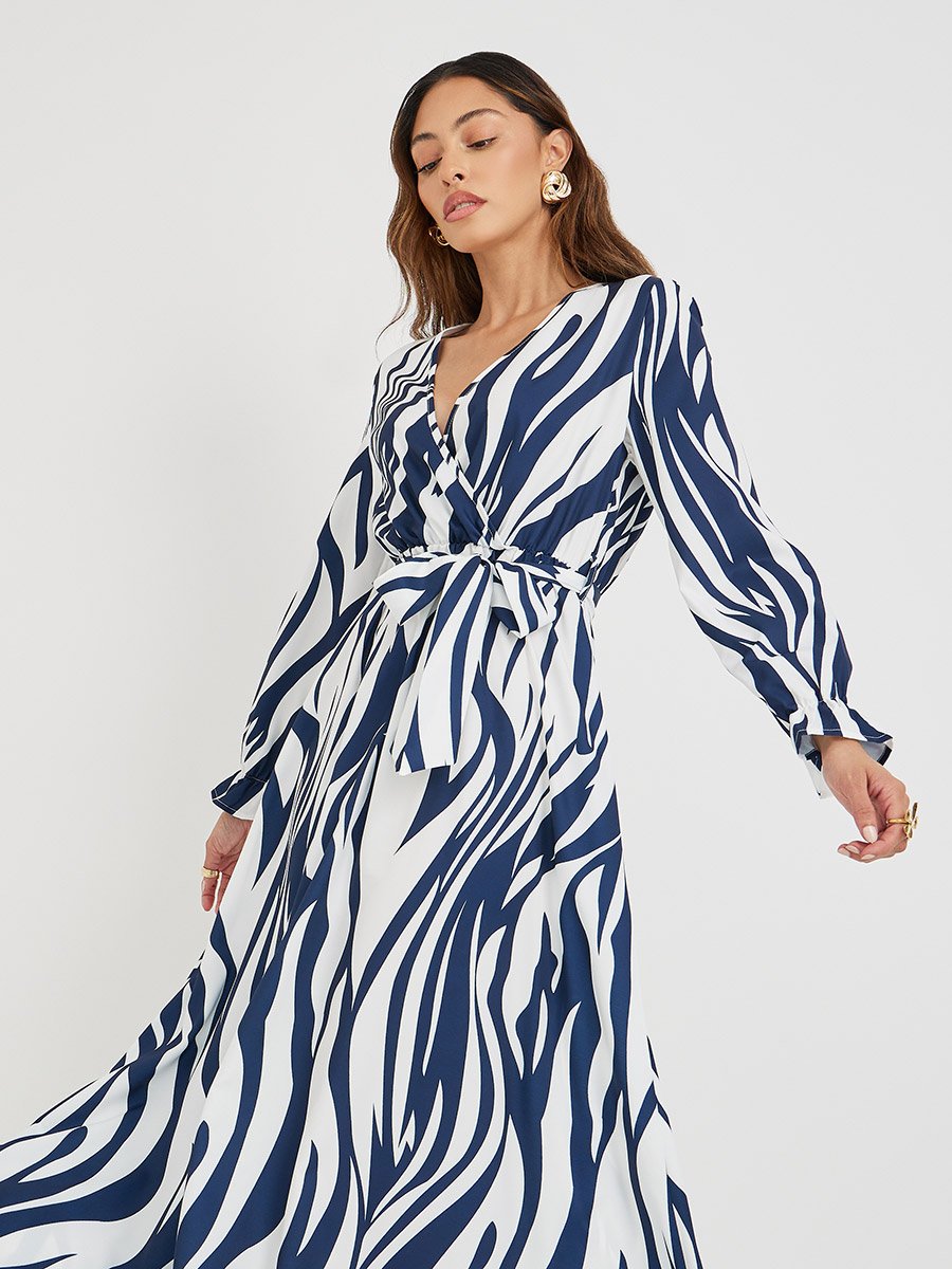 Women Abstract Printed V Neck Belted A-Line Maxi Dress