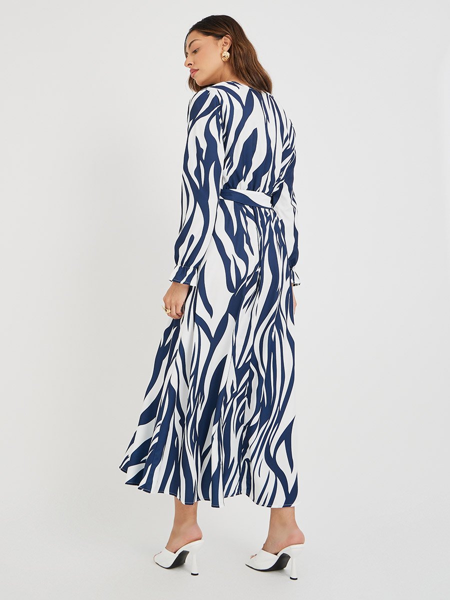 Women Abstract Printed V Neck Belted A-Line Maxi Dress