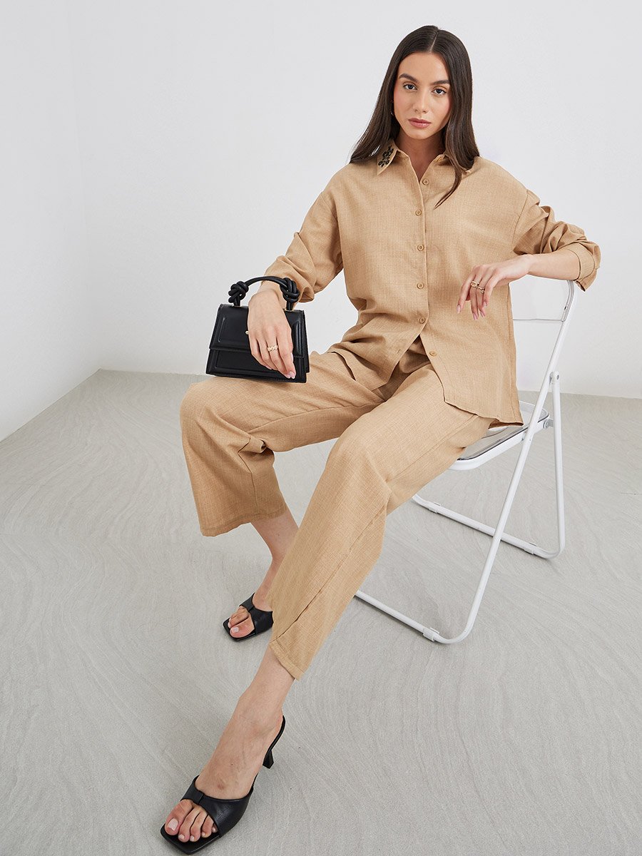 Embroidered Collar Detail Shirt and Pants Co-Ords