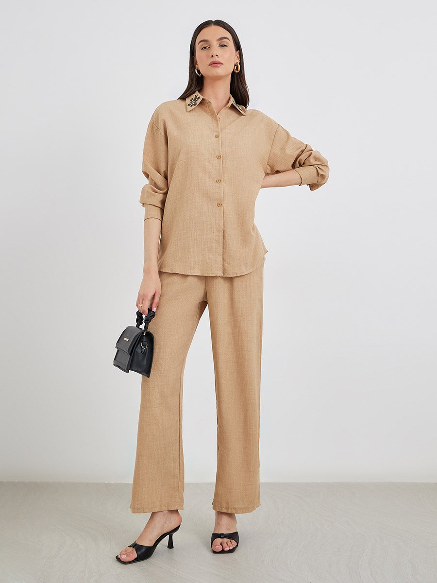 Embroidered Collar Detail Shirt and Pants Co-Ords