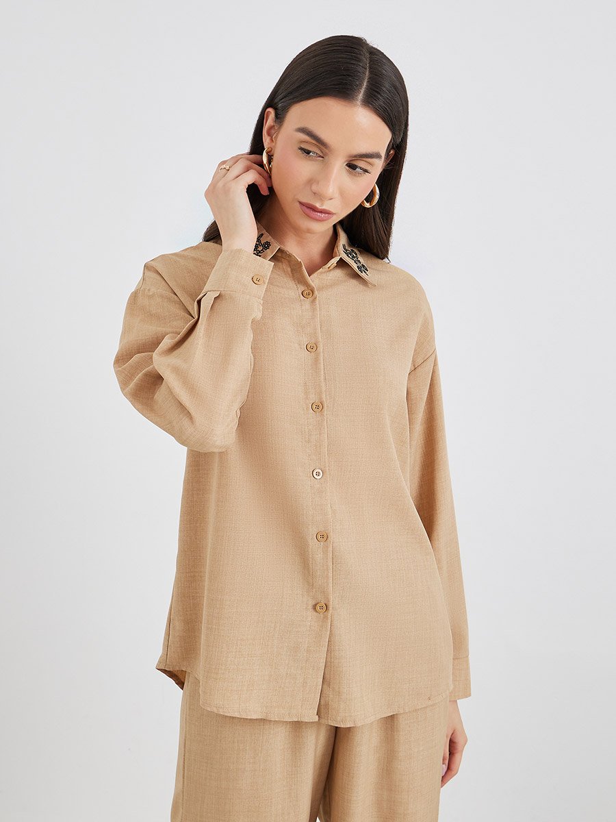 Embroidered Collar Detail Shirt and Pants Co-Ords