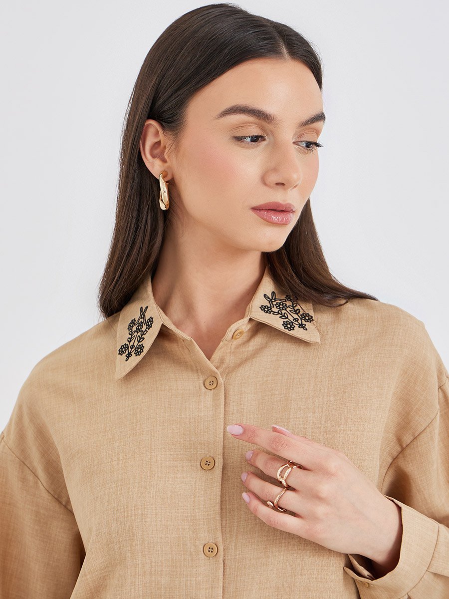 Embroidered Collar Detail Shirt and Pants Co-Ords