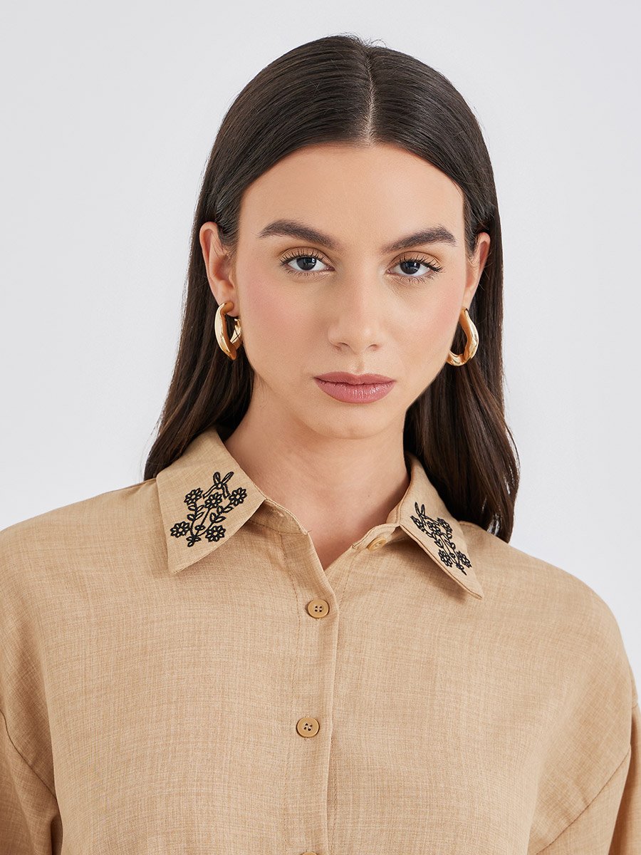 Embroidered Collar Detail Shirt and Pants Co-Ords