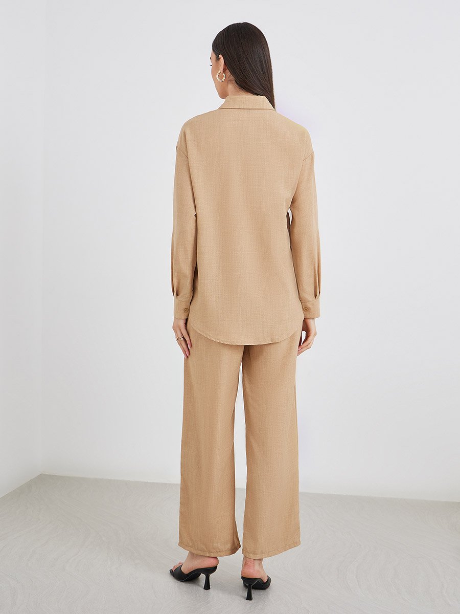Embroidered Collar Detail Shirt and Pants Co-Ords