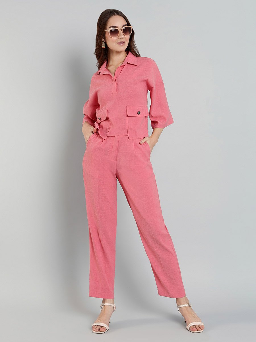 Women Pink Buttoned Shirt and Pants Co-Ords