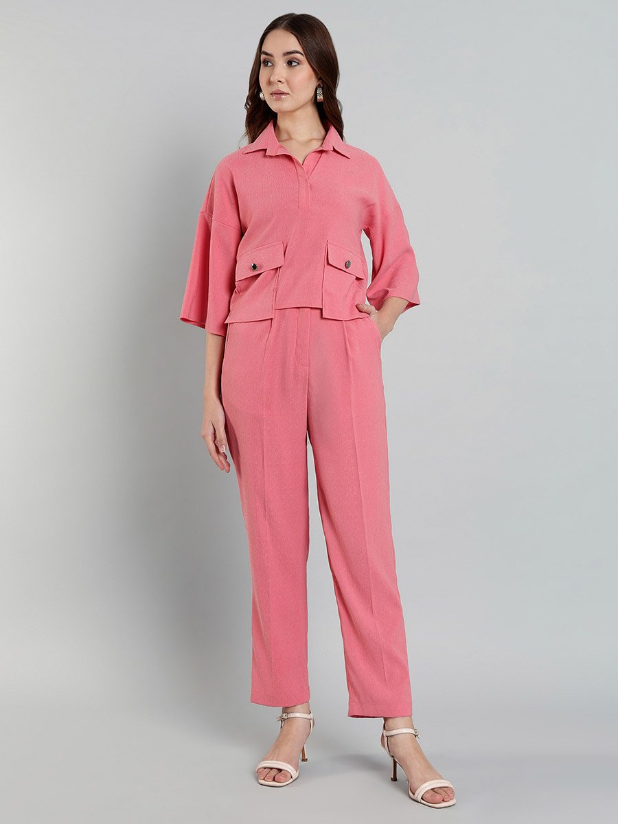 Women Pink Buttoned Shirt and Pants Co-Ords