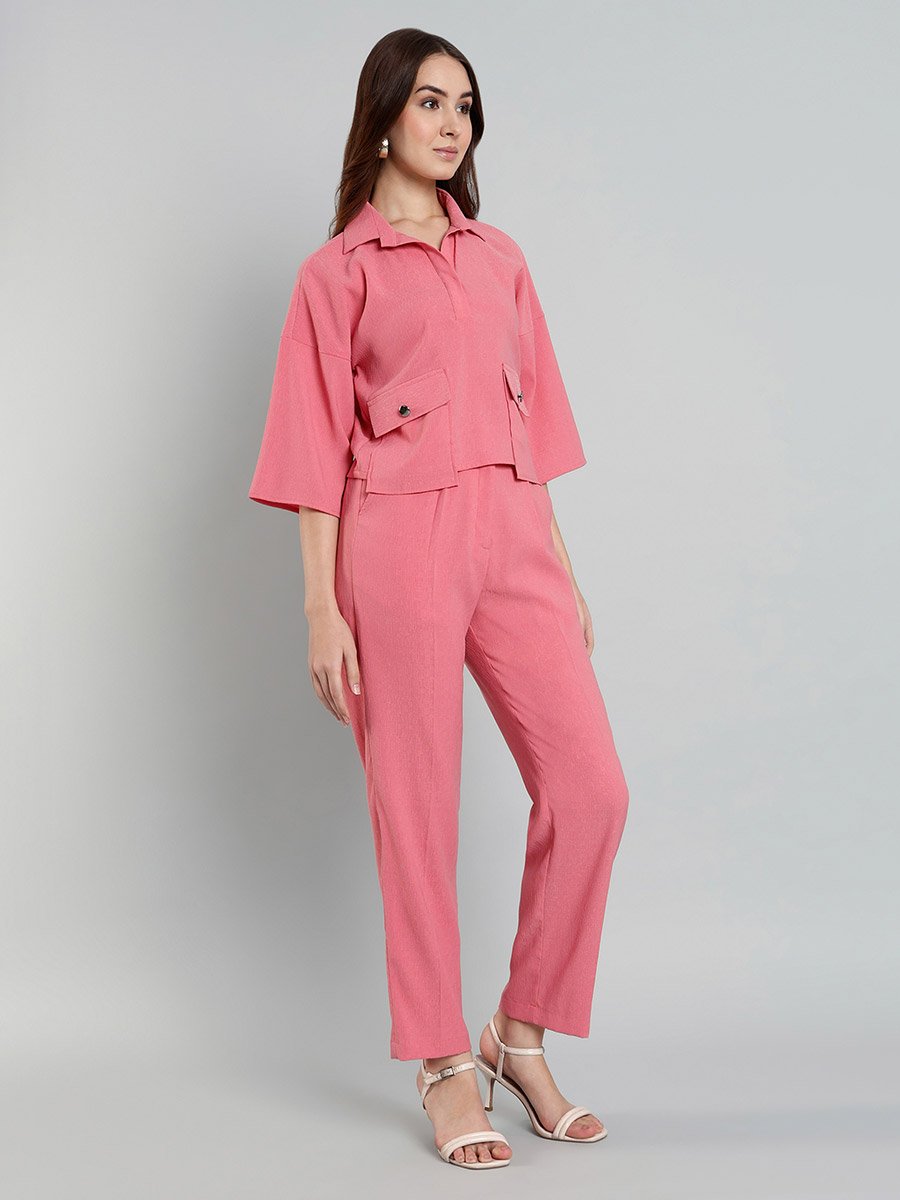 Women Pink Buttoned Shirt and Pants Co-Ords