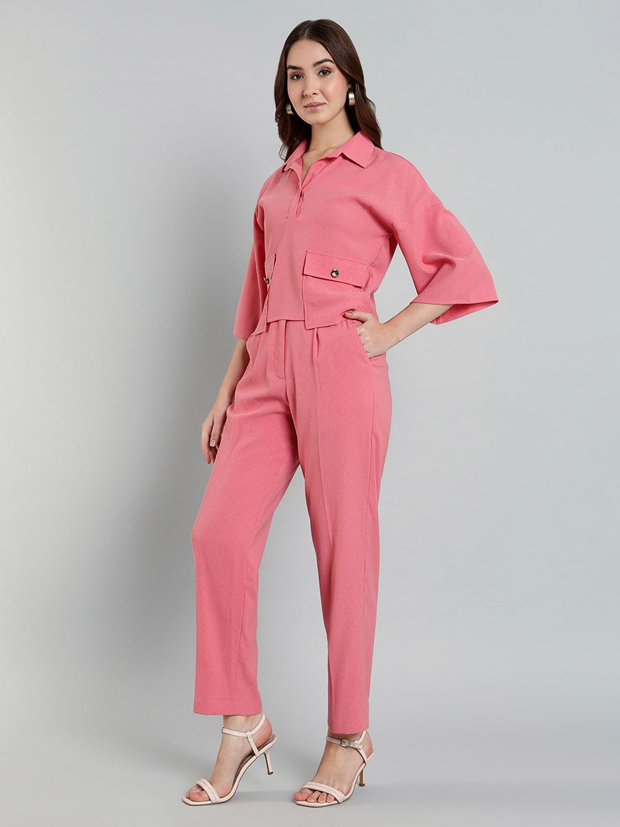 Women Pink Buttoned Shirt and Pants Co-Ords