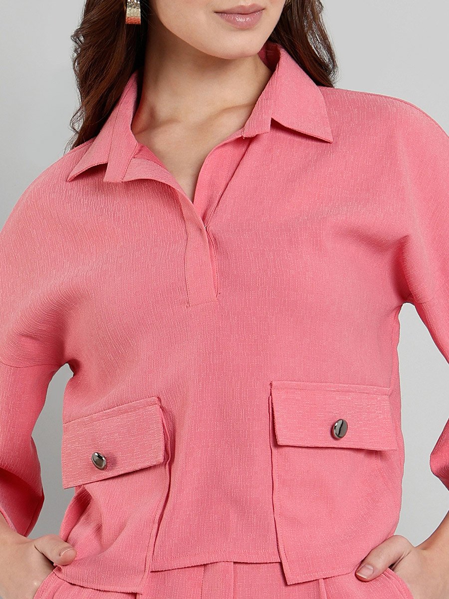 Women Pink Buttoned Shirt and Pants Co-Ords