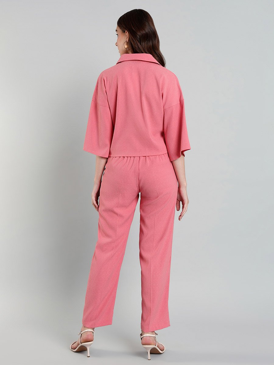 Women Pink Buttoned Shirt and Pants Co-Ords