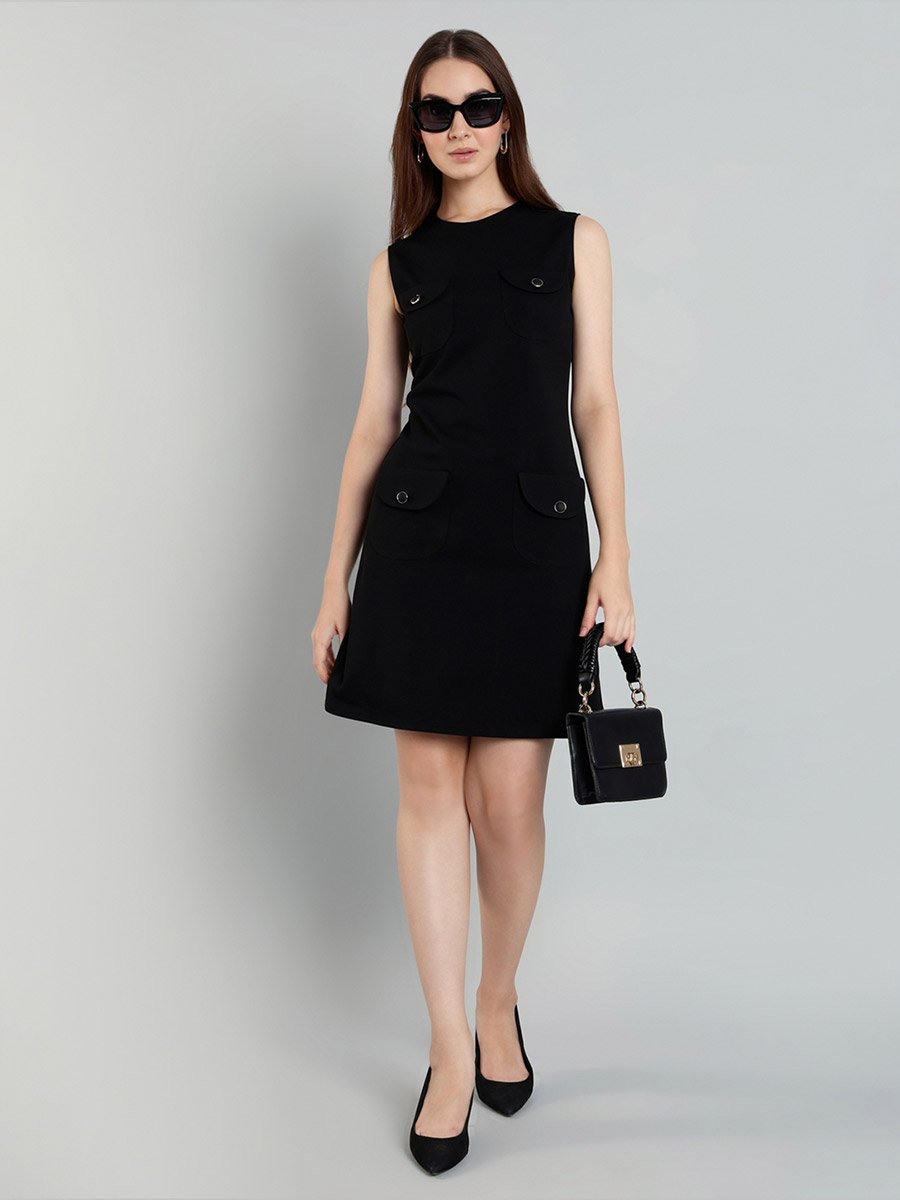 Women Black Pocket Detail Knee Length Dress