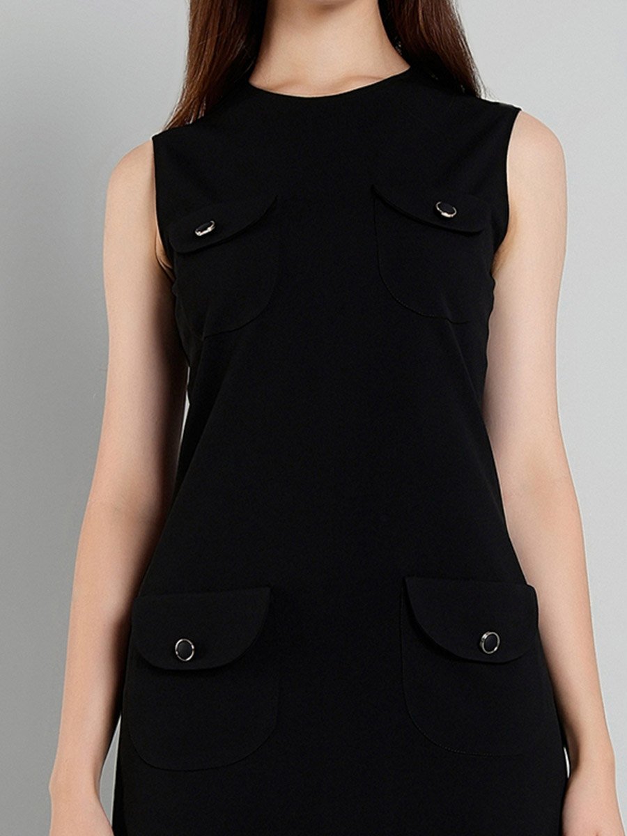 Women Black Pocket Detail Knee Length Dress