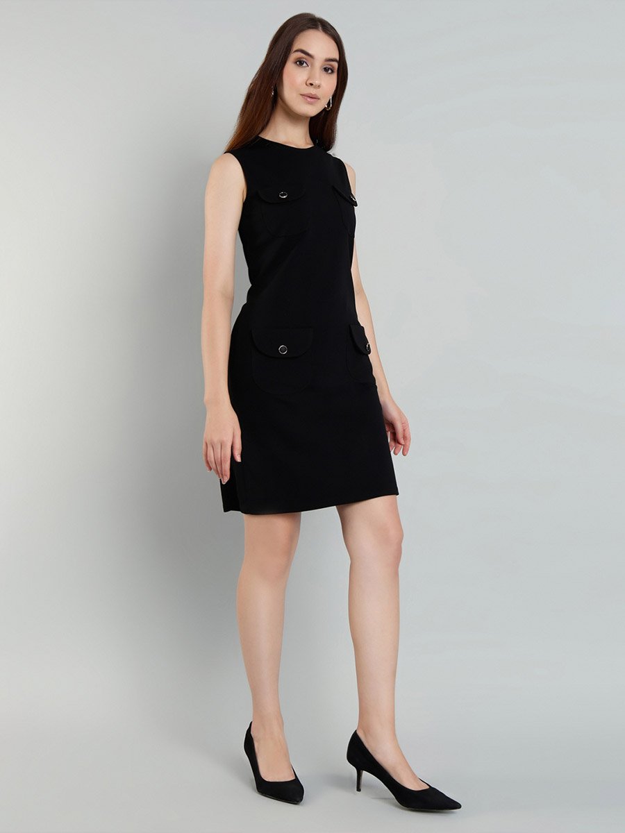 Women Black Pocket Detail Knee Length Dress