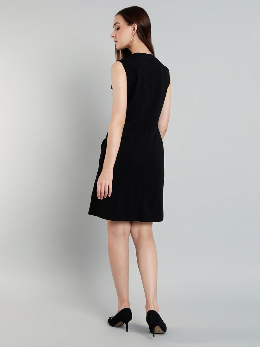 Women Black Pocket Detail Knee Length Dress