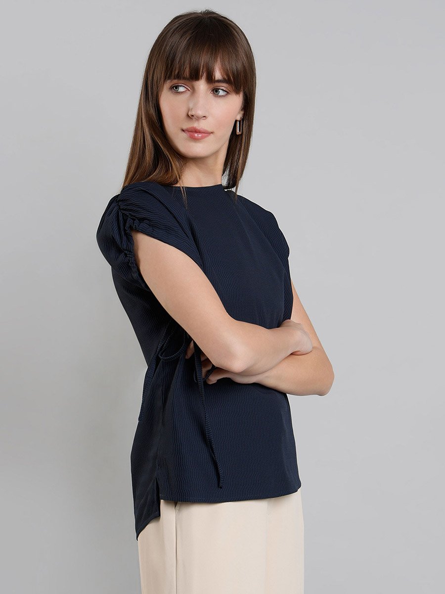 Striped Short Sleeve Top with Ruched Detail