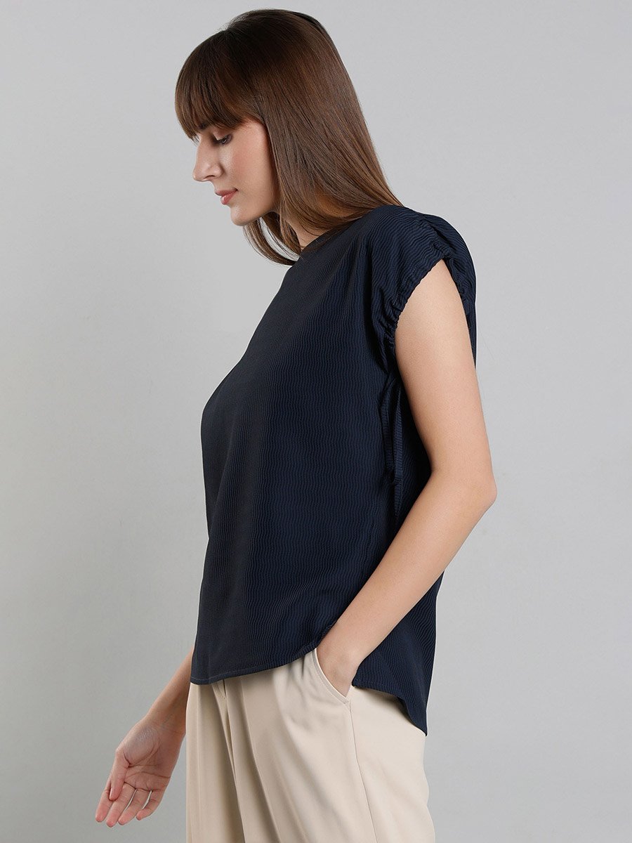 Striped Short Sleeve Top with Ruched Detail