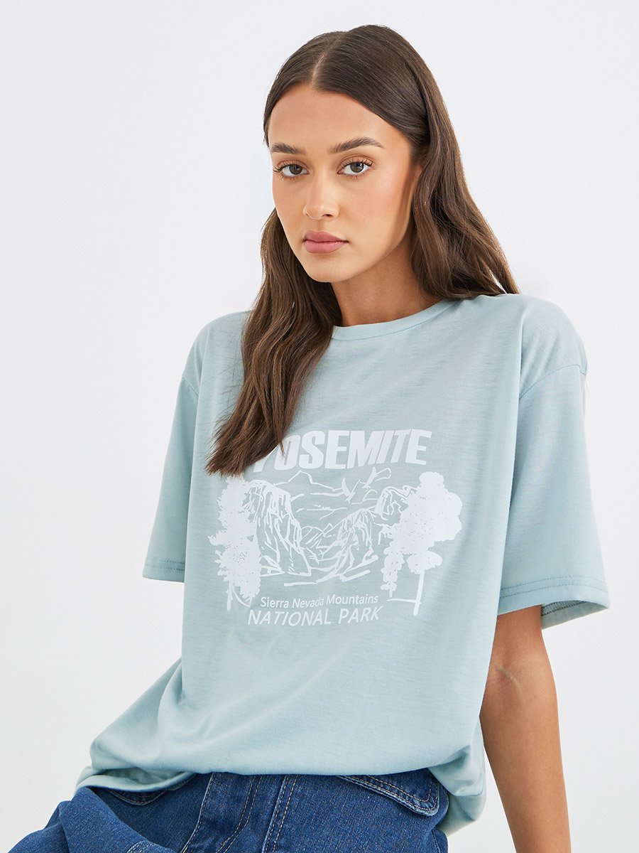 Women Green Yosemite Graphic Oversized T-Shirt