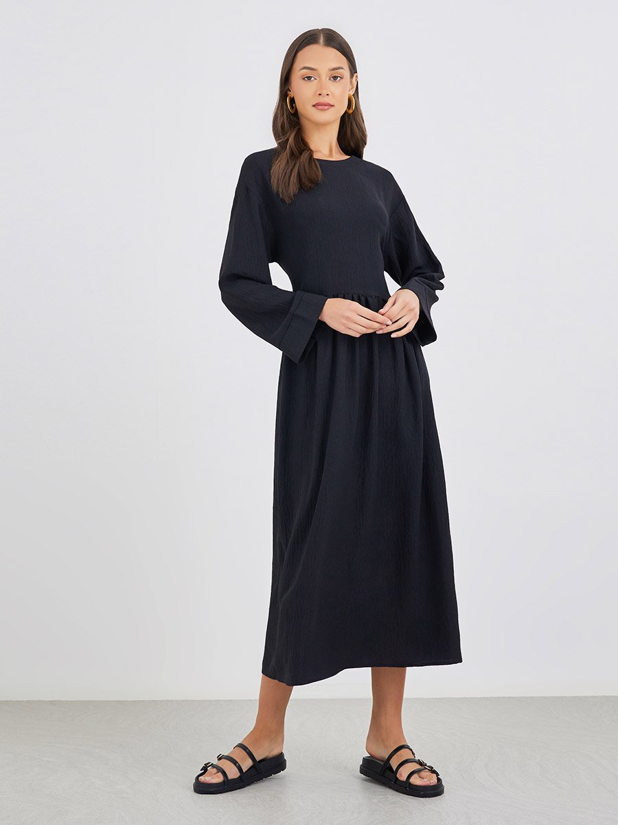 Crinkled Long Sleeve A-Line Midi Dress with Pockets