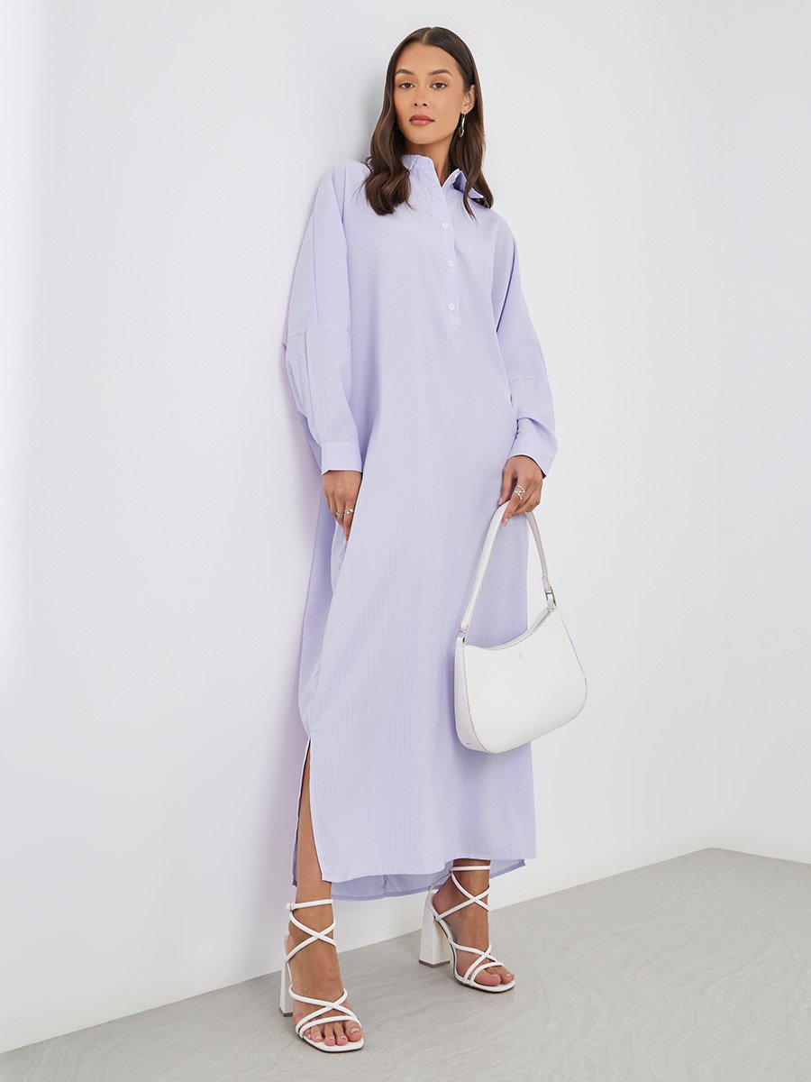 Striped Spread Collar Long Sleeve Maxi Dress