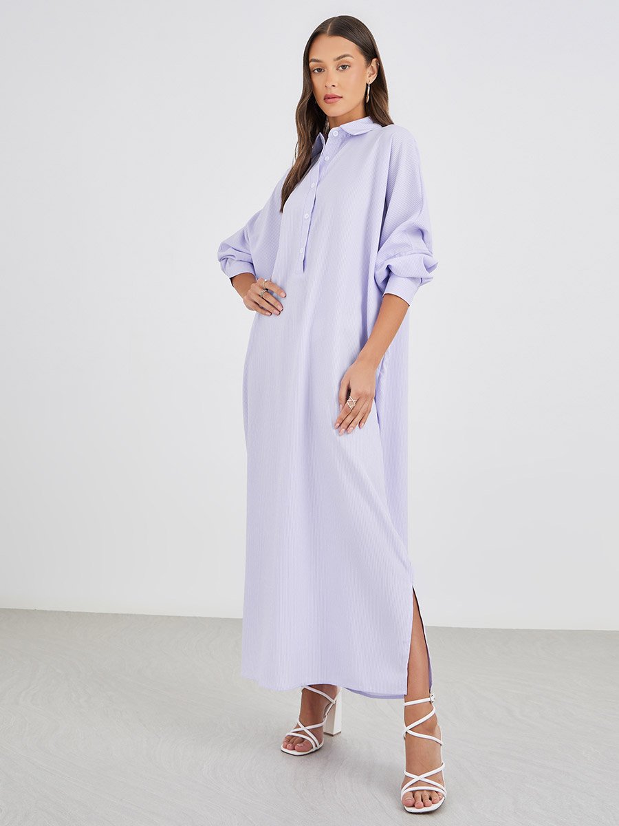 Striped Spread Collar Long Sleeve Maxi Dress