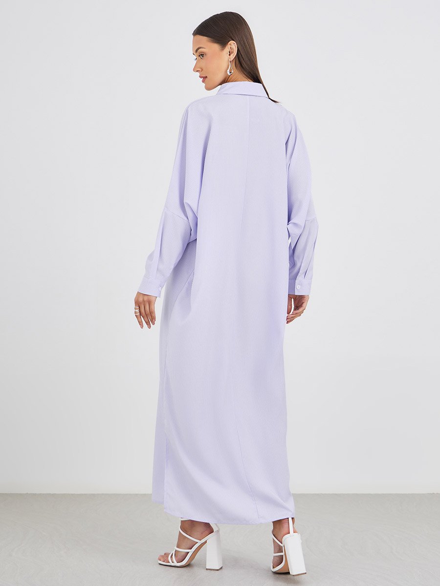 Striped Spread Collar Long Sleeve Maxi Dress