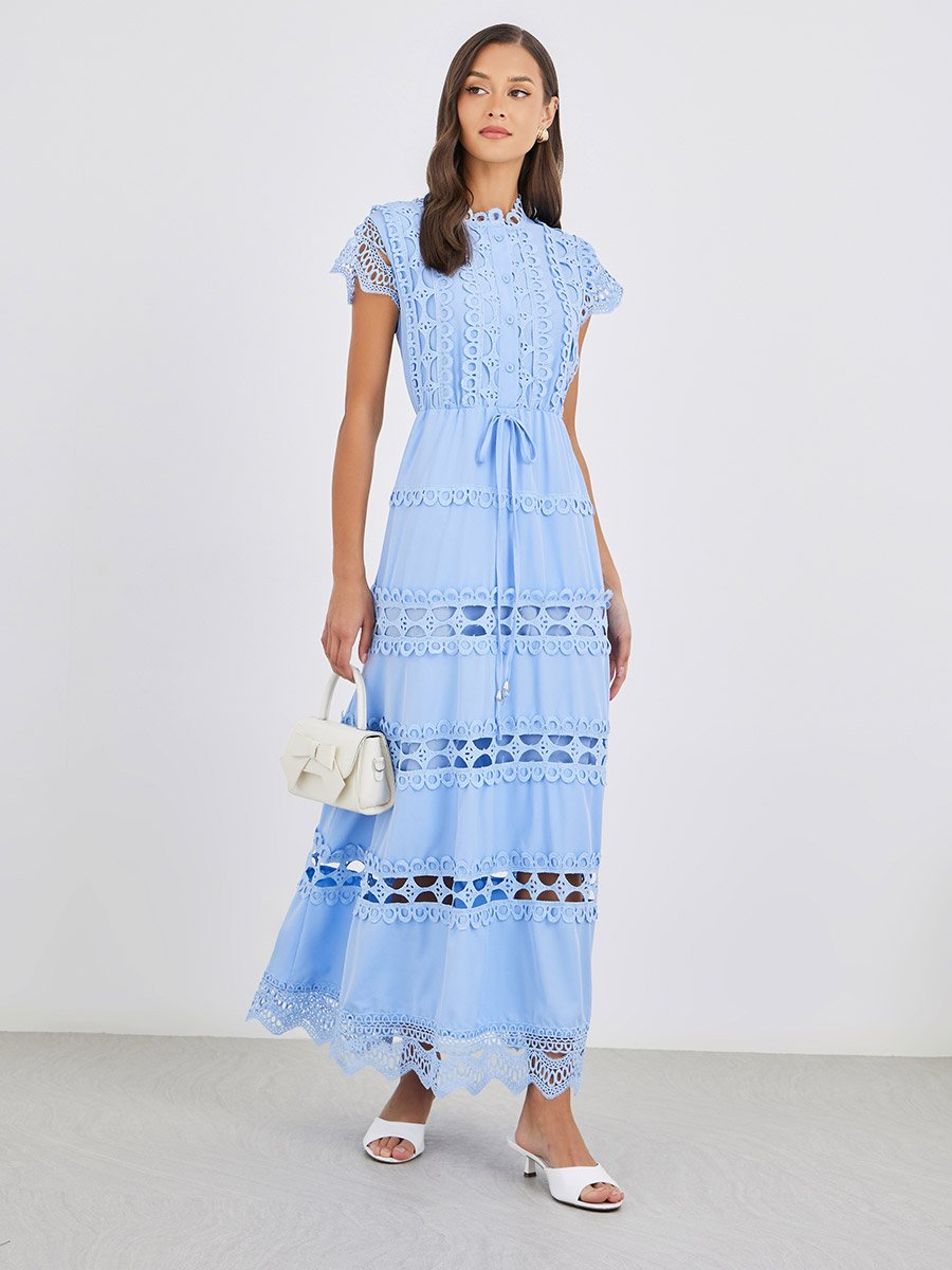 Solid Lace Short Sleeves Tiered Maxi Dress with Tie Detail For Women at UAE  | Styli