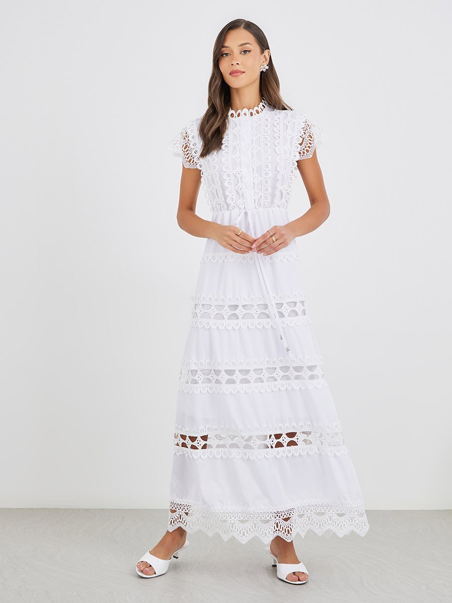 Solid Lace Short Sleeves Tiered Maxi Dress with Tie Detail