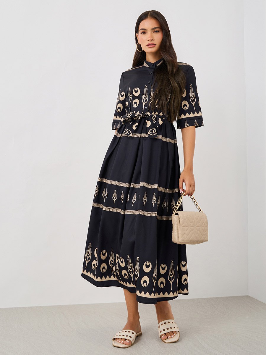 Printed Short Sleeves A-Line Midi Dress